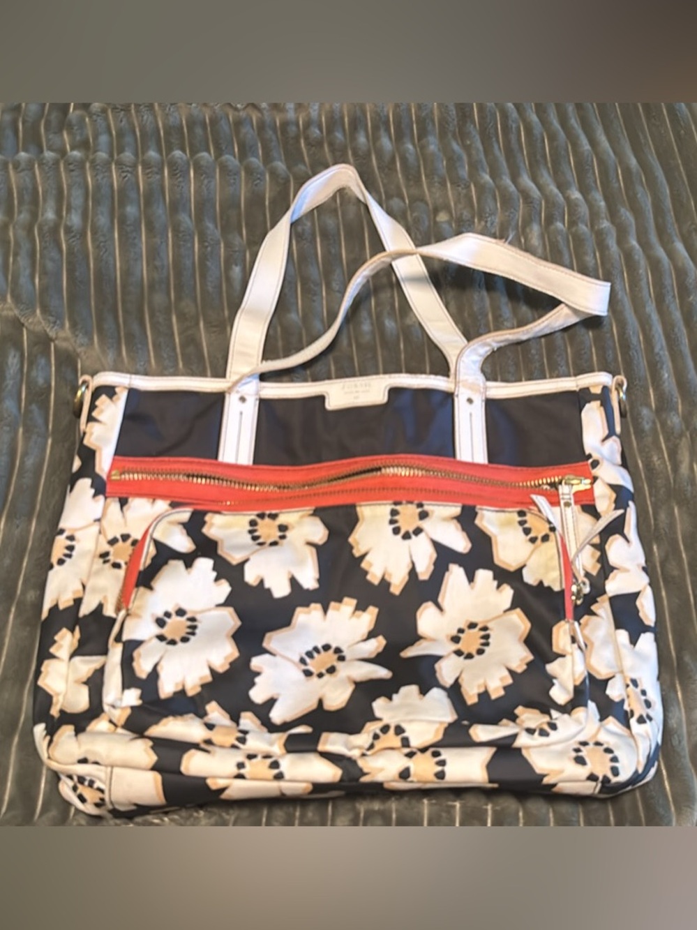 Fossil Navy Floral Tote with White Trim and Coral Zip